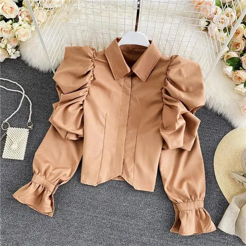 Vintage Polo Neck Solid Short Blouse Long Sleeve All-match Street Casual Shirt Tops Spring Autumn Fashion Korean Women Clothing