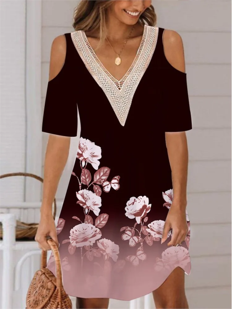 Mode Druck Kleid Für Frauen Casual V-ausschnitt Kurzarm Off Schulter Kleider Dame Boho Urlaub Rock Sommer Frauen Kleidung Neue