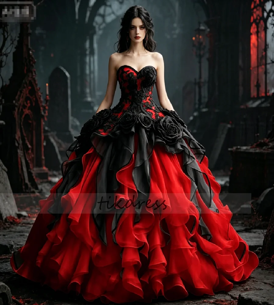 Vintage Red Black Gothic Wedding Dresses 2026 Sweetheart 3D Rose Ball Gown Vampire Bridal Dress Tiered Ruffles Lace Garden Gown