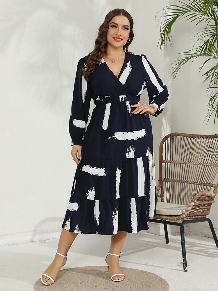 GIBSIE Plus Size Surplice Neck Long Sleeve Ruffle Hem Dress Women Vacation Casual Print A-line Boho Long Dresses Spring 2024