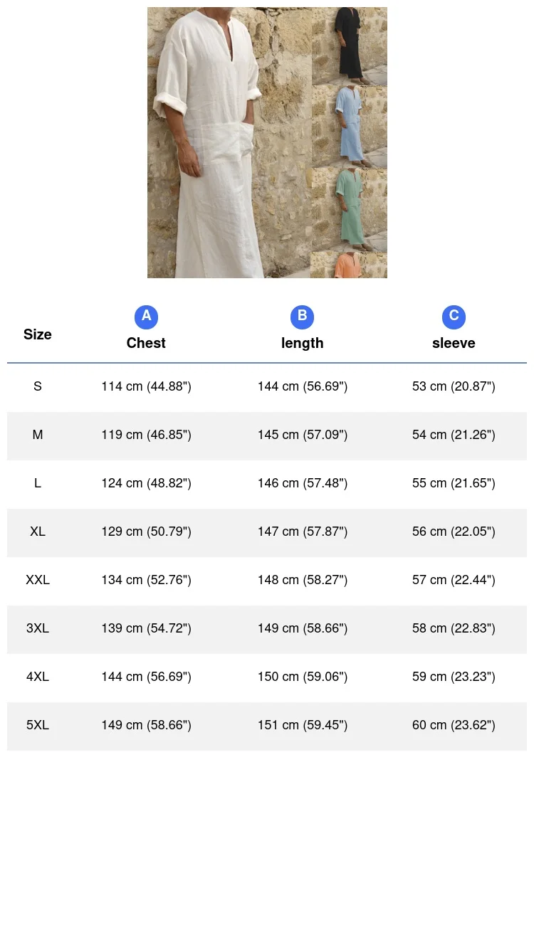 Plus Size Men Solid Color Muslim Robe Retro Arab Islamic Long Dress Casual Cotton Linen Long Kaftan Middle East Islamic Clothing