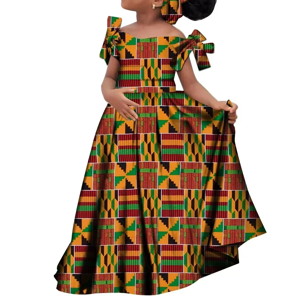 Crianças meninas africano dashiki vestido impresso vestidos crianças bonito vestidos de festa roupas africanas vestidos longos com lenço wyt659