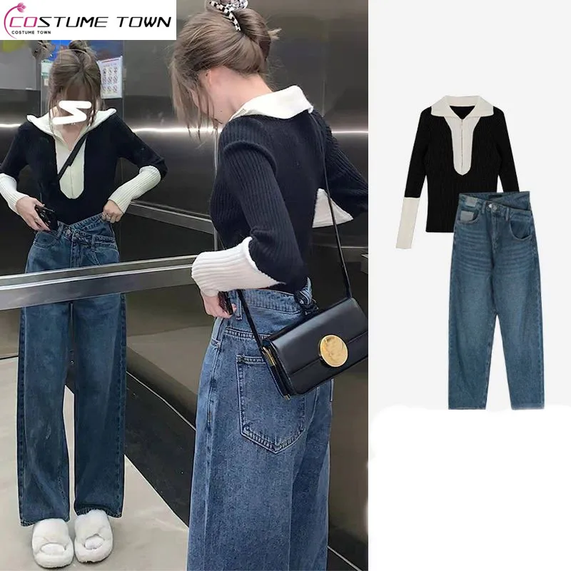 2023 Spring Sweet Style Wear Light Mature Style Women's Wear Hong Kong Style Knitted Sweater Jeans Two Piece Set for Women