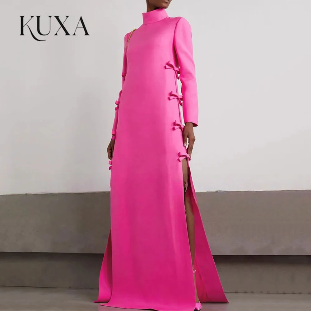 KUXA Heißes rosa Abendkleid mit langen Ärmeln, hohem Kragen, Seitenschlitzen, Schleifen, Damen-Abendkleid, A-Linie, bodenlang, individuell 2026