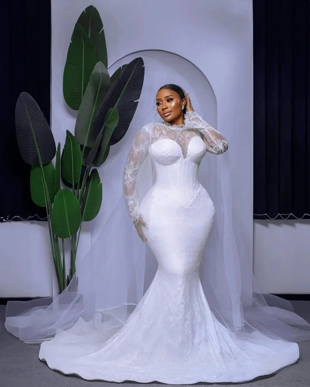 تخصيص زائد حجم فستان الزفاف حورية البحر للعروس انفصال قطار فساتين الزفاف الأفريقية عالية مطرز الدانتيل الأكمام الطويلة #6