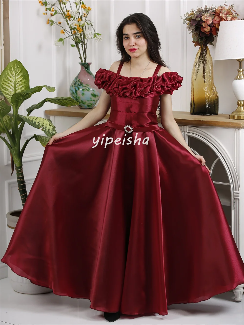 Customized Matching Formal Pleat Sash Rhinestone A-line Off-the-shoulder Long Dresses Evening Dresses Sizes Available Classic