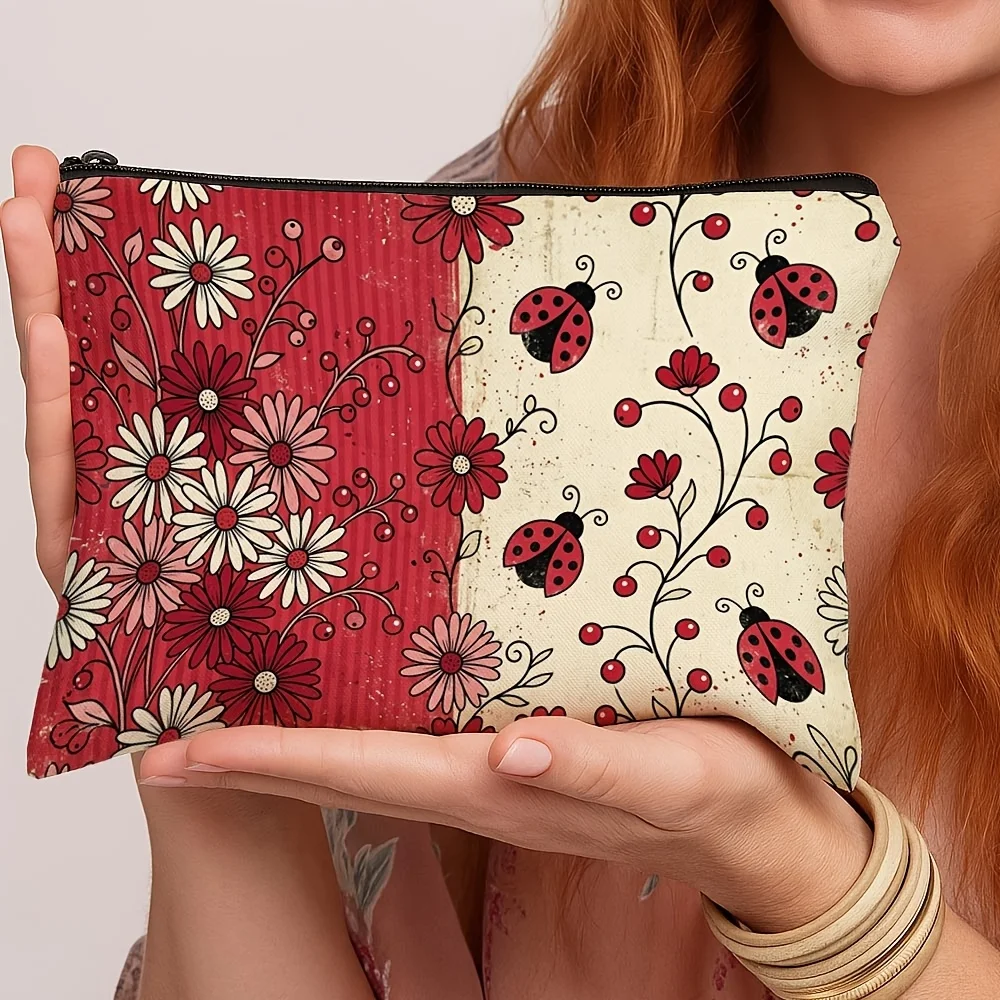 Vintage Floral Pattern Print Cosmetic Bag Daisy Plant Illustration Lightweight Travel Makeup Organizer Insect Enthusiast Gift