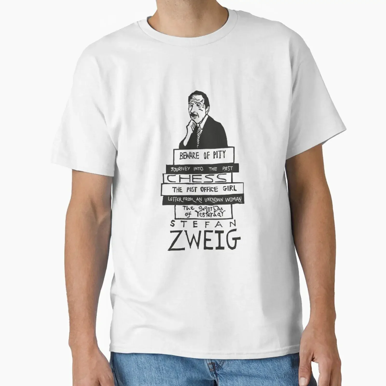 Stefan Zweig Portrait with Book Stack Linocut Classic T Shirt vintage Washed Versatile graphic Casual Stylish designer clothes