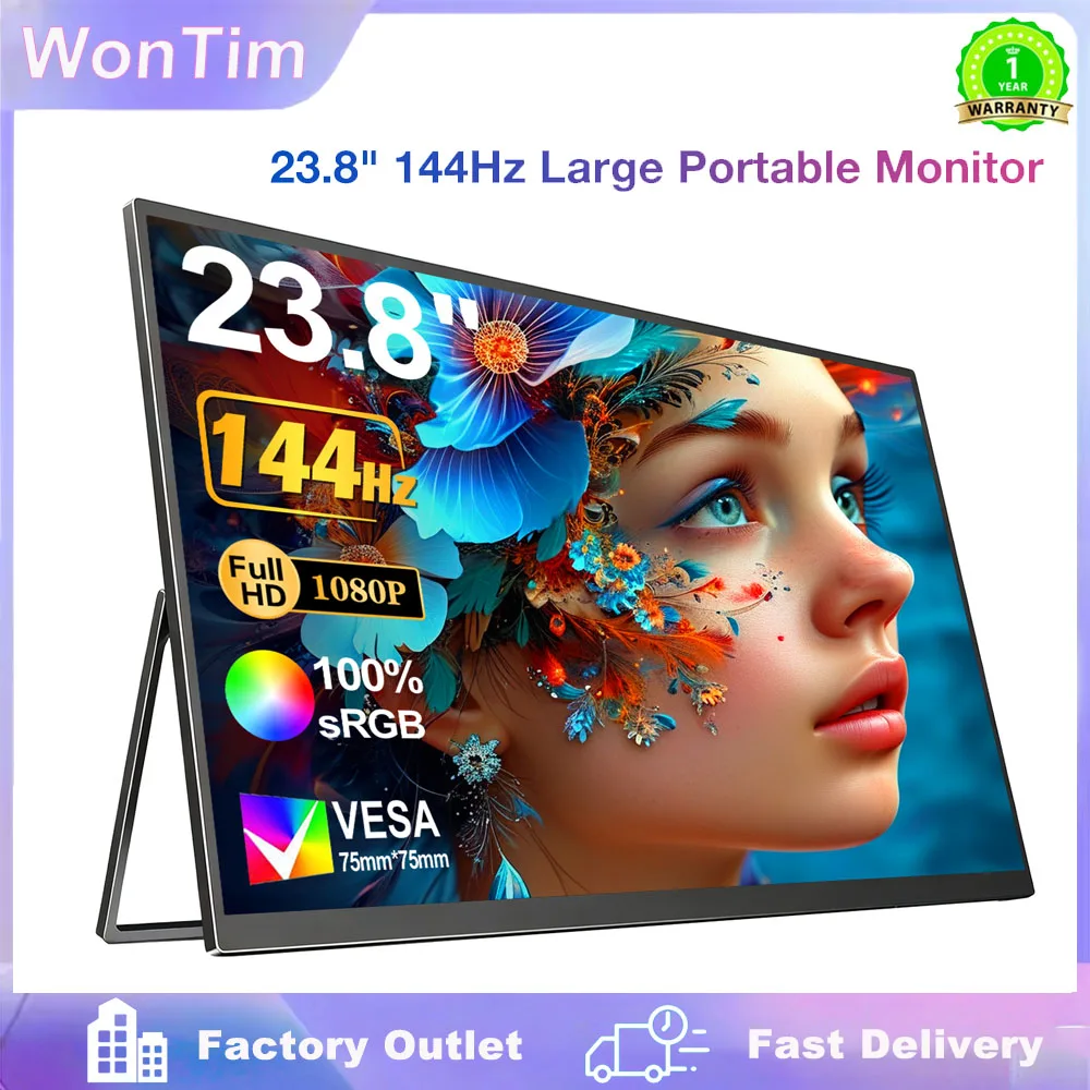 23.8 Inch 144Hz Portable Monitor 100%sRGB With VESA Hole Back Bracket Laptop Extended Display IPS Computer Display for Laptop PC