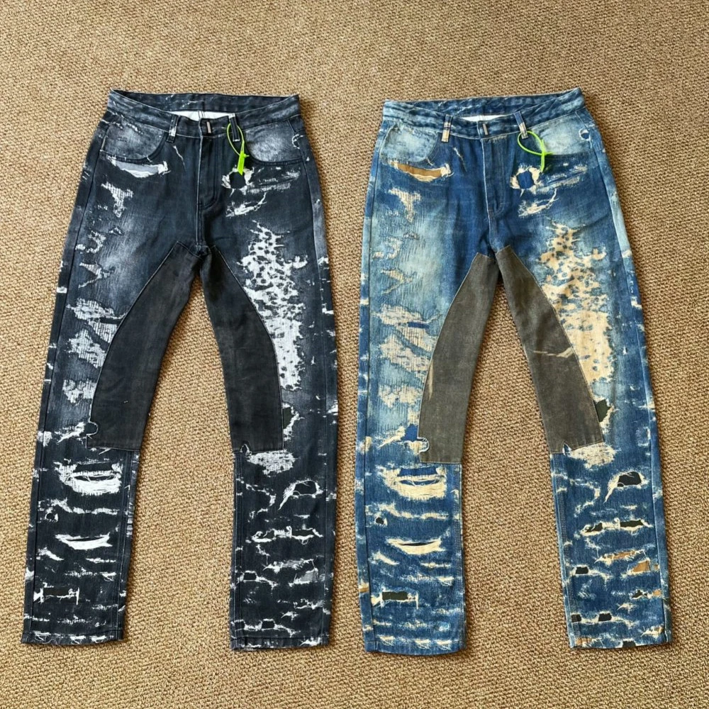 Piercing tie dyeing embroidery belt Pants Jeans Men Women Black Washed Joggers Trousers