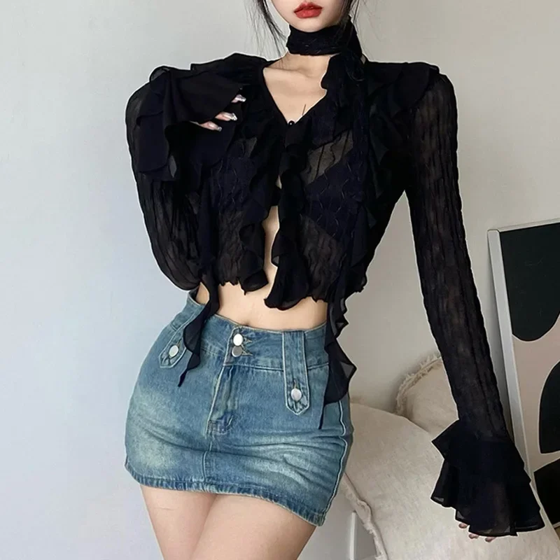 Sexy See Through Blouses Women Summer Flare Sleeve Black Mesh Crop Top Korean Fashion Irregular Ruffles Shirts Streetwear