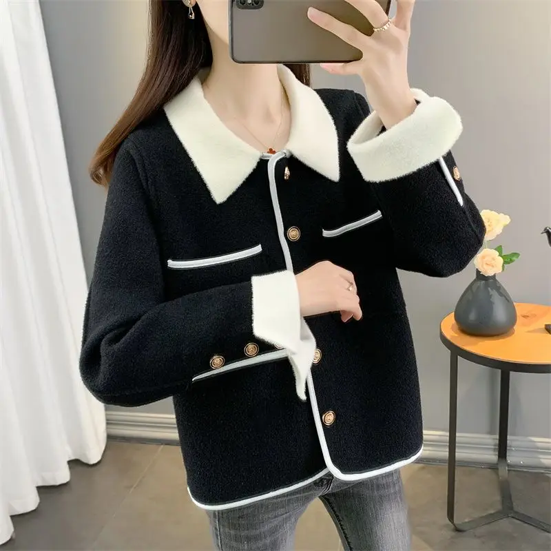 2023 New Skew Collar Knitted Long Sleeve Autumn Winter Slim Casual Solid Color Spliced Sweet Young Style Sweaters Cardigan