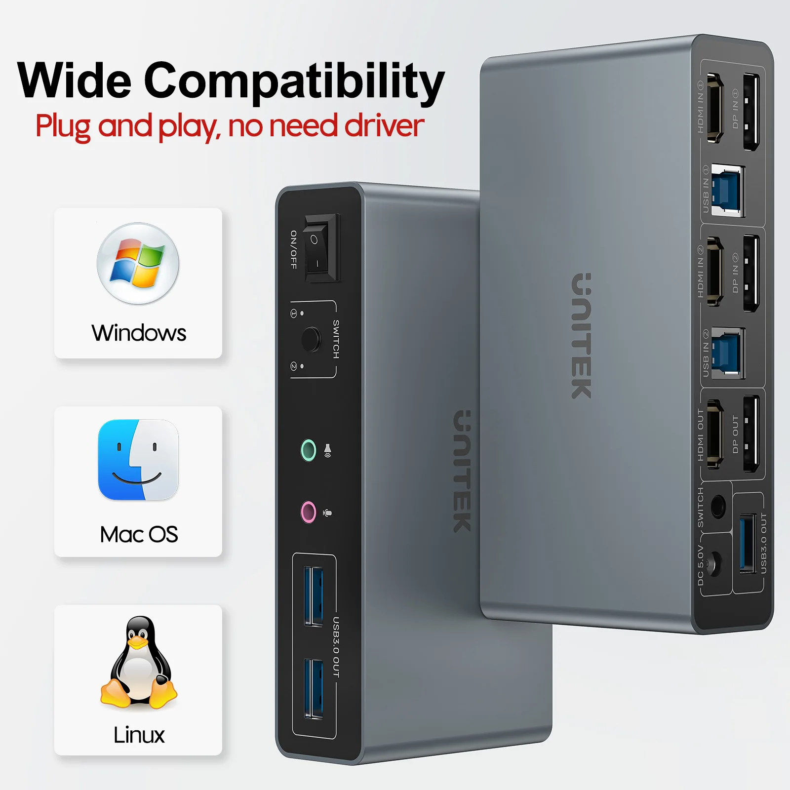 UNITEK 2×2 HDMI DP KVM Switch 4K@60Hz with USB 3.0 Hub Dual Monitor Switcher 3.5mm Mic Audio Plug & Play for Windows Mac Linux
