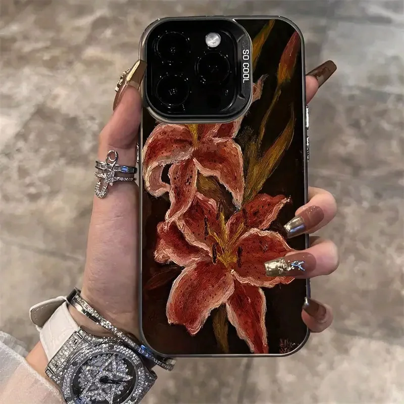 

Oil Painting Lily Flower Retro Pattern Phone Case For iPhone 16 15 14 Pro Max 16E 13 12 11 XS X XR 7 8 16 Plus Shockproof Cover