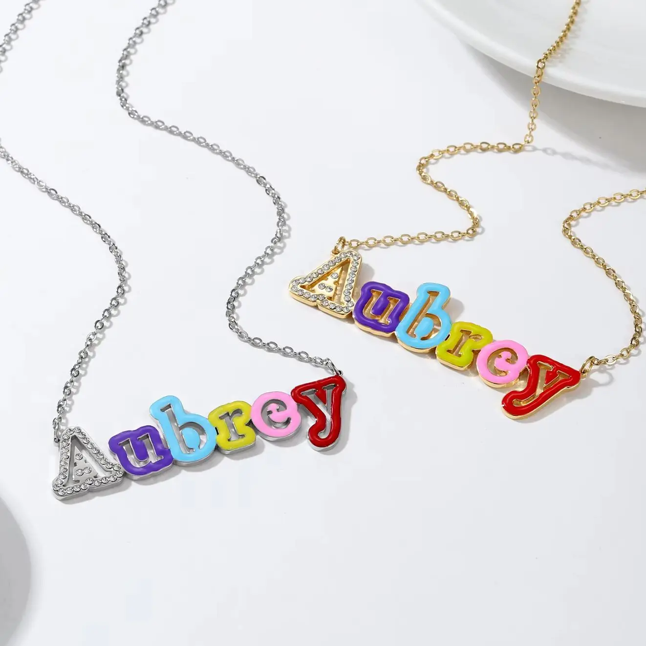 

Custom Iced Initials Name Necklace Personalized Enamel Nameplate Rainbow Pendant Women's Luxury Jewelry Birthday Gift for Her