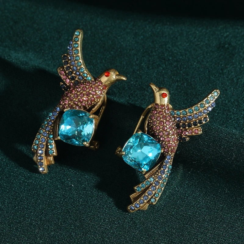 Vintage Blue Crystal Stud Earrings for Woman Rhinestones Phoenix Chinese Style Luxury High Quality Mother Jewelry Birthday Trend - Detail 1