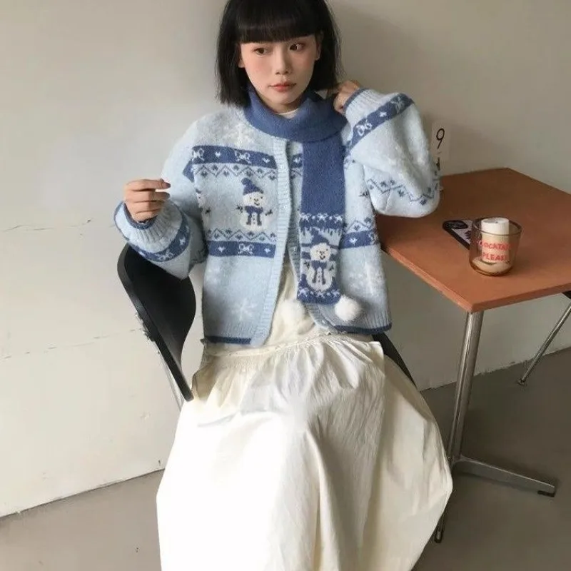 2025 Fair Isle Sweter Natal Kardigan Manusia Salju Mantel Rajut Atasan Baru Malas untuk Wanita Mungil Mode Musim Gugur Musim Dingin