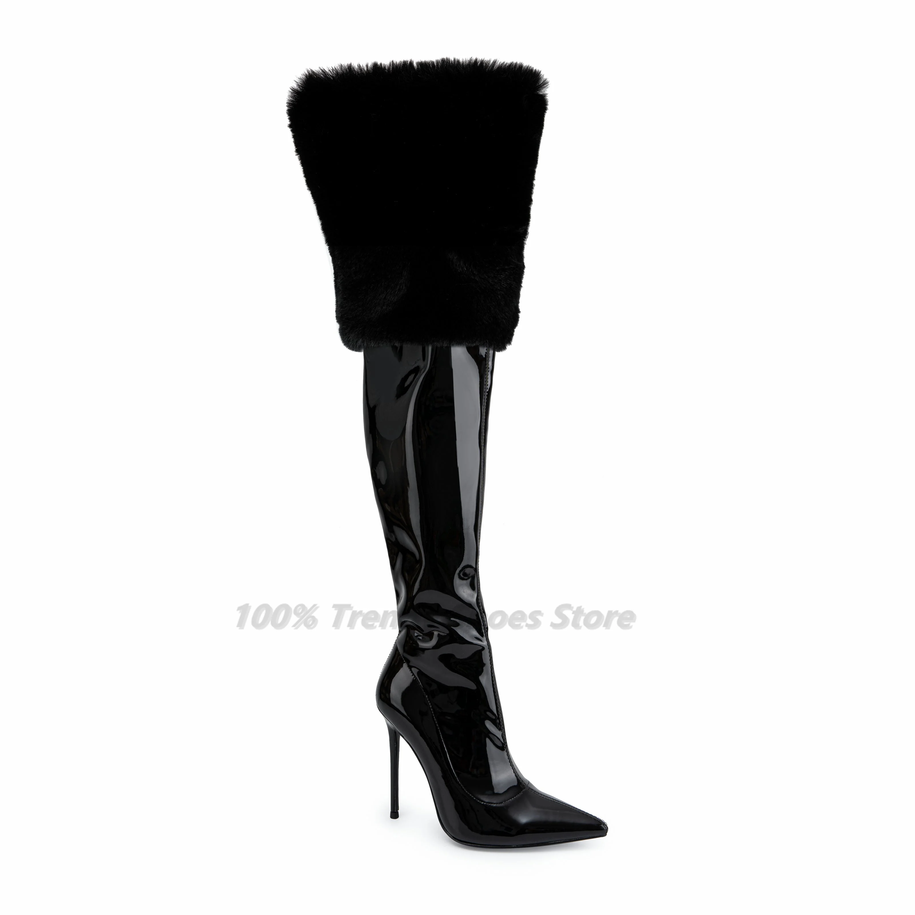 

Black Mink Cuff Boots Fashionable Women's Boots European and American Runway Styles Slim High-heeled Boots