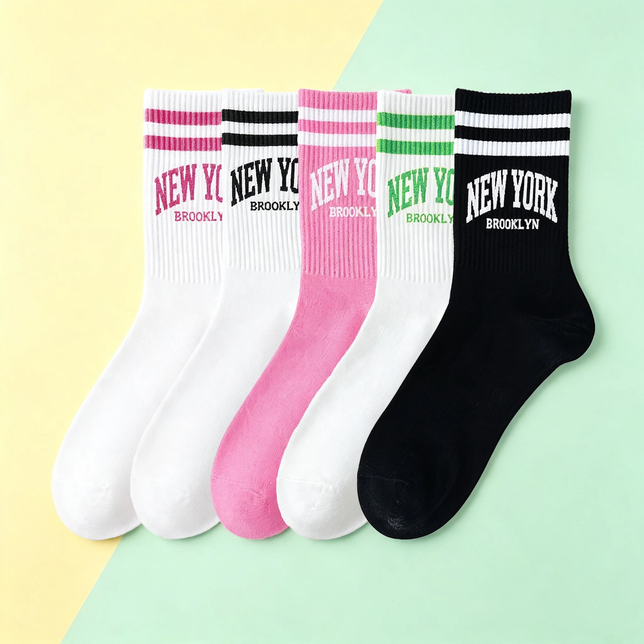 5/10-Pair Pack - Women's Autumn/Winter Retro New York Letter Print Mid-Calf Socks, Double Stripe Calf Socks