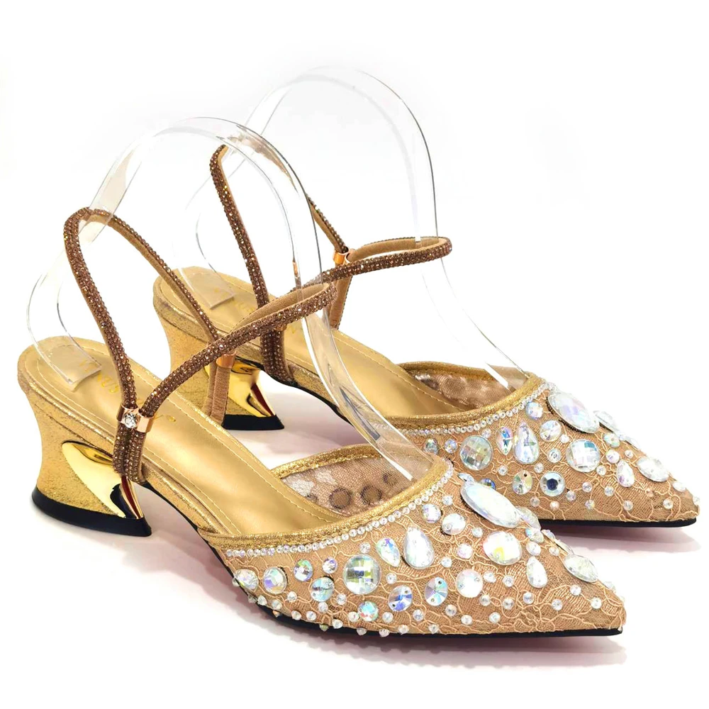 Fashion Gold Color  Slippers Nigerian Party Italian Design Ladies Shoes and Bag Set Decorated With Rhinestone and Metal