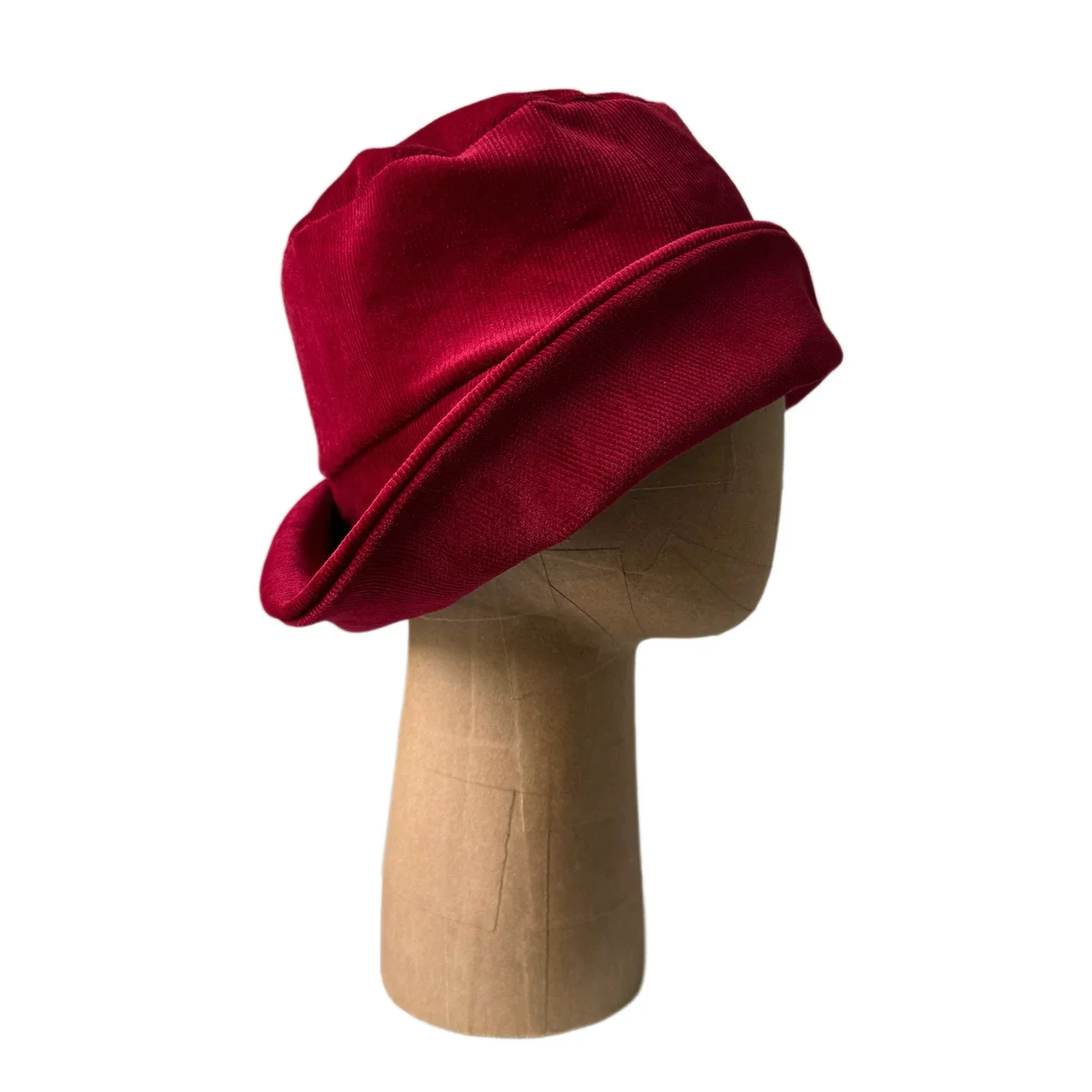 2027 Vintage Burgundy Corduroy Fedora for Women, Asymmetrical Rolled Brim Bucket Hat, Shapeable Face Slimming Beret