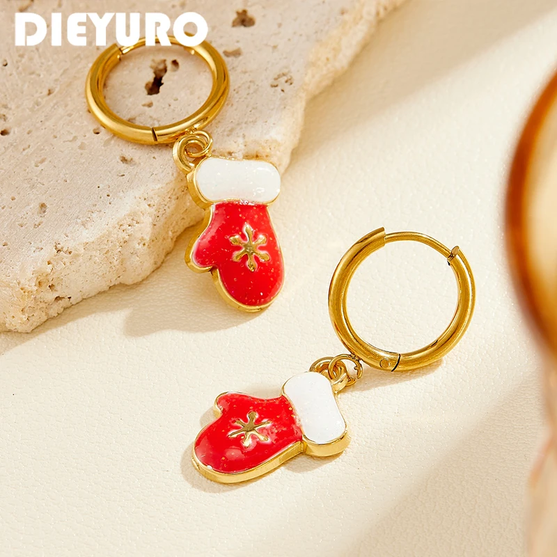 DIEYURO Stainless Steel Christmas Glove Enamel Red Snowflake Mitten Hoop Earrings Women Non-fading Holiday Party Jewelry Gift