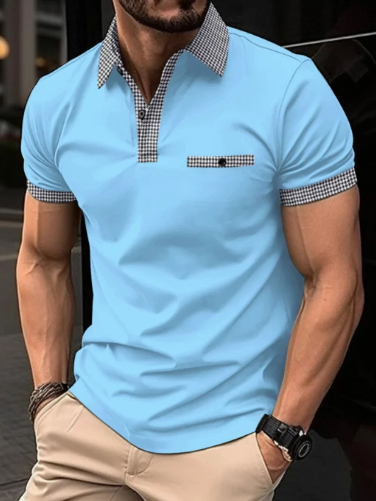 2024 Summer New Men\'s Short-Sleeved Checkered Lapel T-Shirt Cool Breathable POLO Shirt Business Shirt