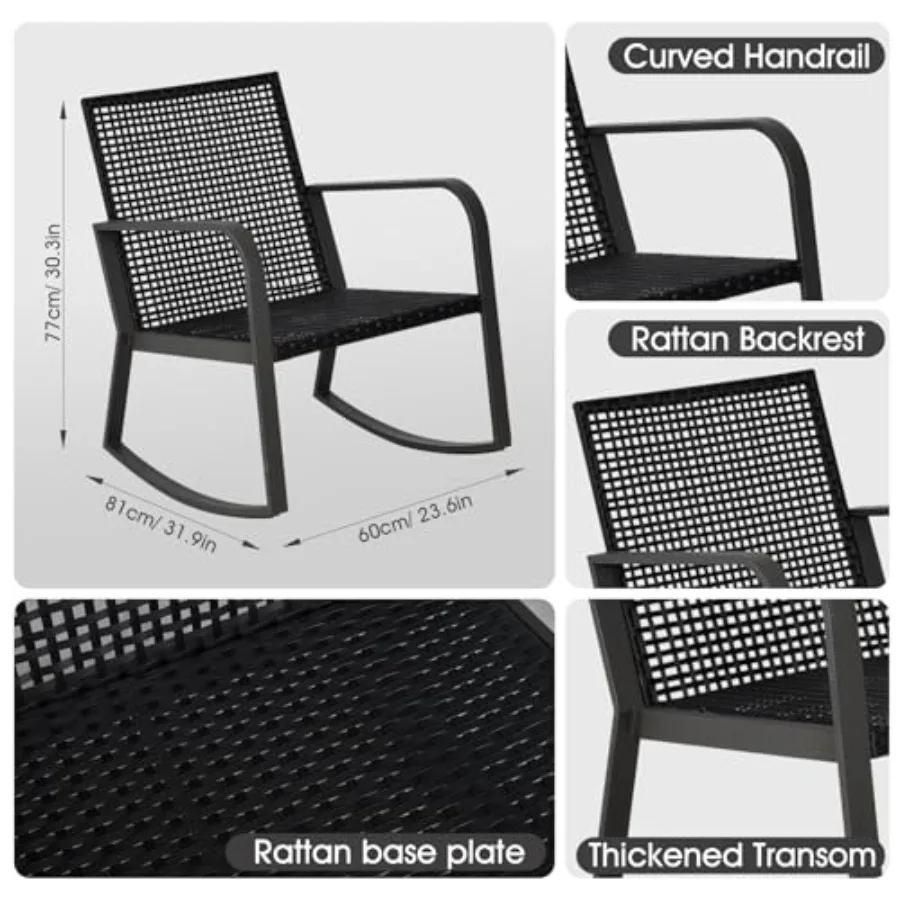 Bistro 3 Pcs Patio Furniture Set, Patio Table and Rattan Outdoor Rocking Chairs Set of 2, Outdoor Bistro Conversation Set for G