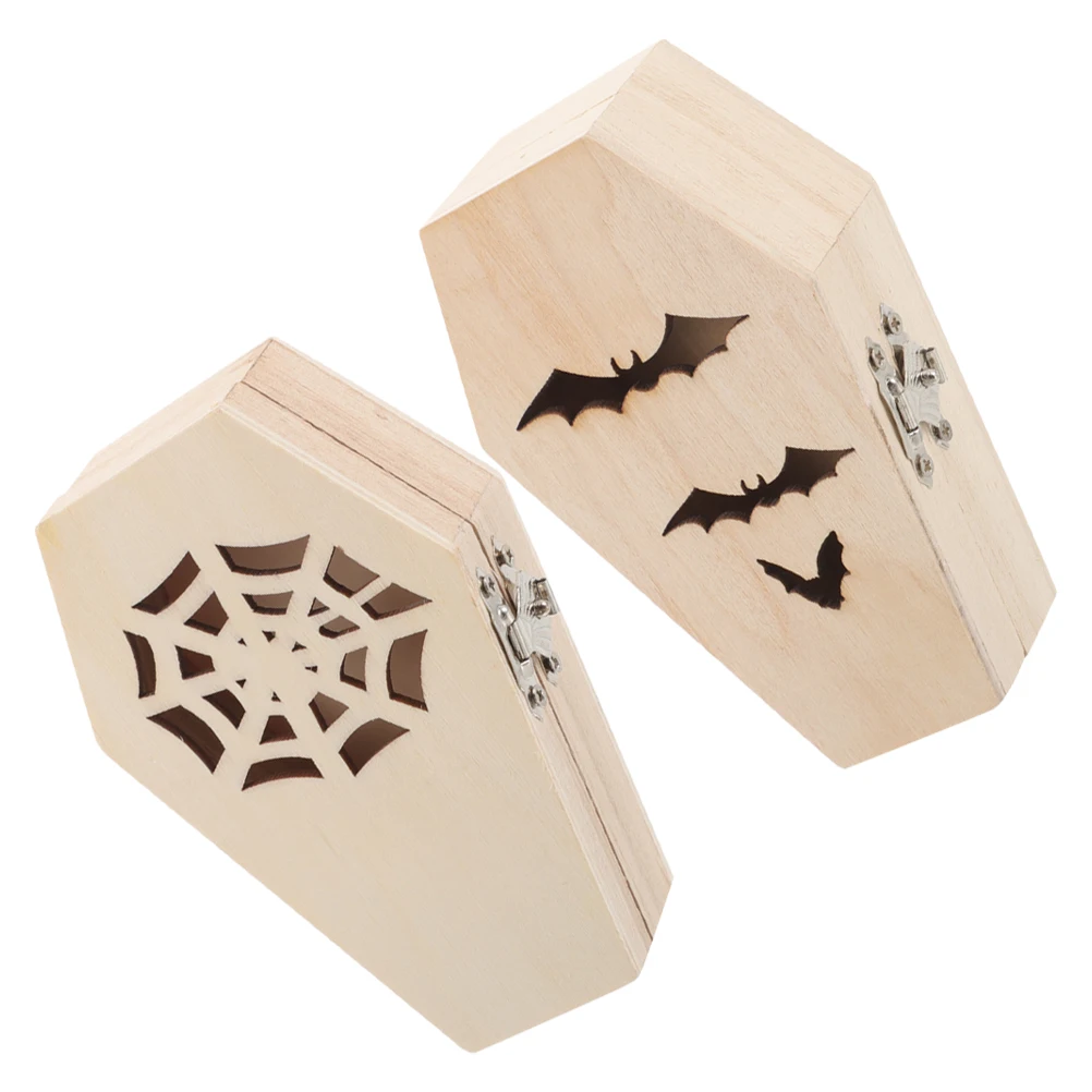 2 قطعة صندوق خشبي صغير لم تنته التابوت علبة مجوهرات القوطية نمط الخفافيش ويب انقطاع تخزين لمهرجان حفلة كاندي حلقة القرط