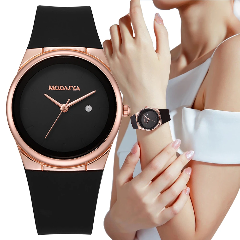 Simplicity-Montre à quartz avec bracelet en silicone pour femme, boîtier noir rose et or, horloge ronde avec calendrier, montre-bracelet tendance