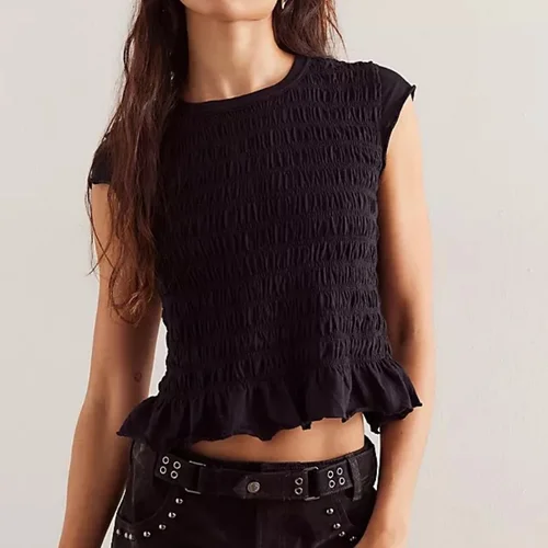 Imagen 2 del producto Tops ahumados para mujer, camiseta lisa con cuello redondo y manga casquillo, camisetas sin mangas cortas con volantes fruncidos de algodón, ropa de calle