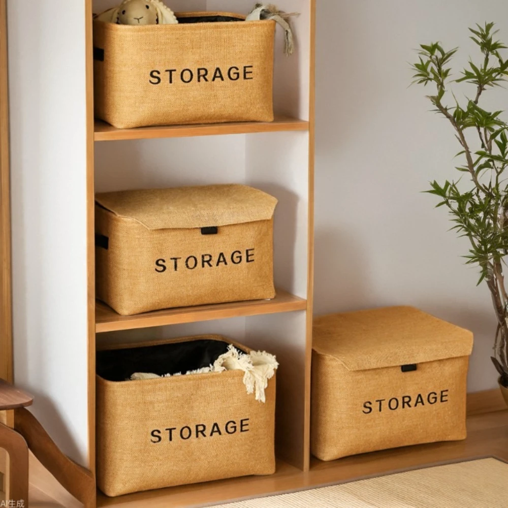 Foldable Jute Storage Basket with Handle Home Wardrobe Desktop Storage Box Clothes and Blankets Storage Basket for Home Organize