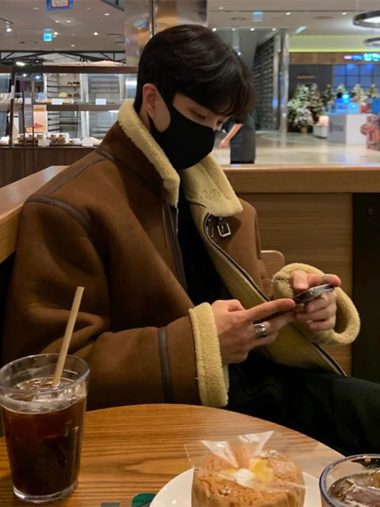 

Lamb Fur Collar Thiened Cotton Jaet Men's Winter American Retro Motorcycle Sle Suede Outerwear Warm Versatile Coat