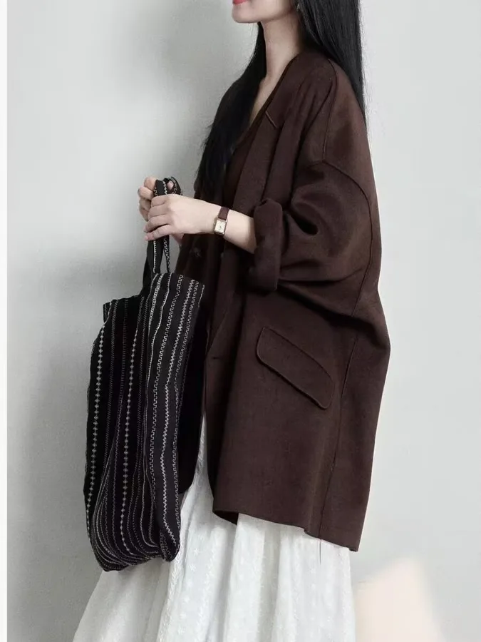 British Style Loose Tailored Woolen Suit Jacket Women's Casual Cotton Blend Fashionable Outerwear Elegant Overcoat