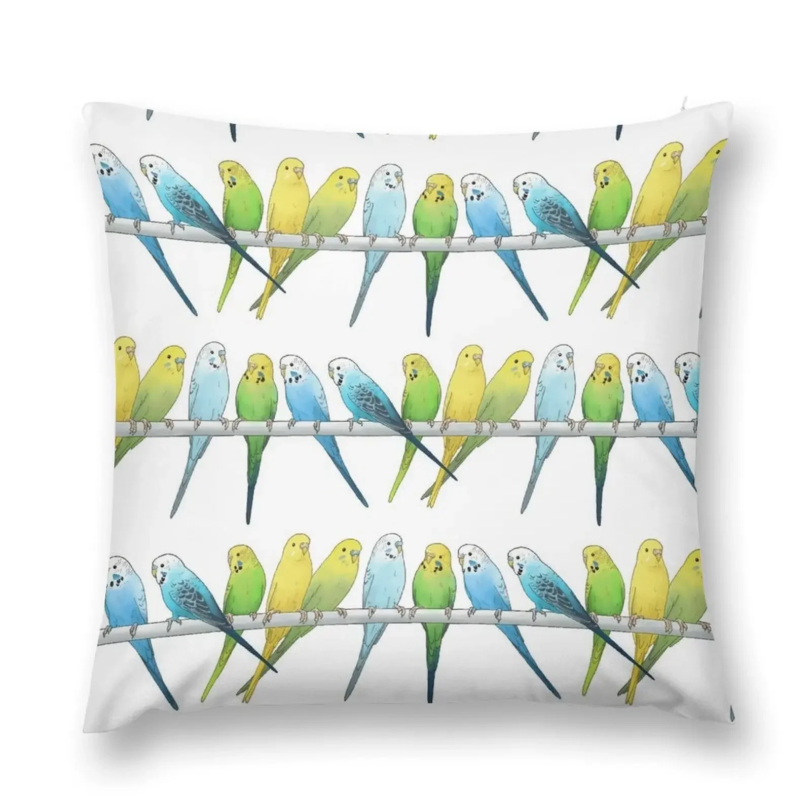 Rows of Budgies pet birds sitting on a perch a on white background Throw Pillow Christmas Pillow Covers pillow