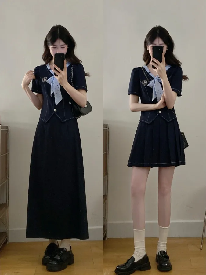 

plus Size College Style Set Women's Polka Dot Scarf Knot Slimming Short Sleeve Top Belly Cover A-Line Skirt