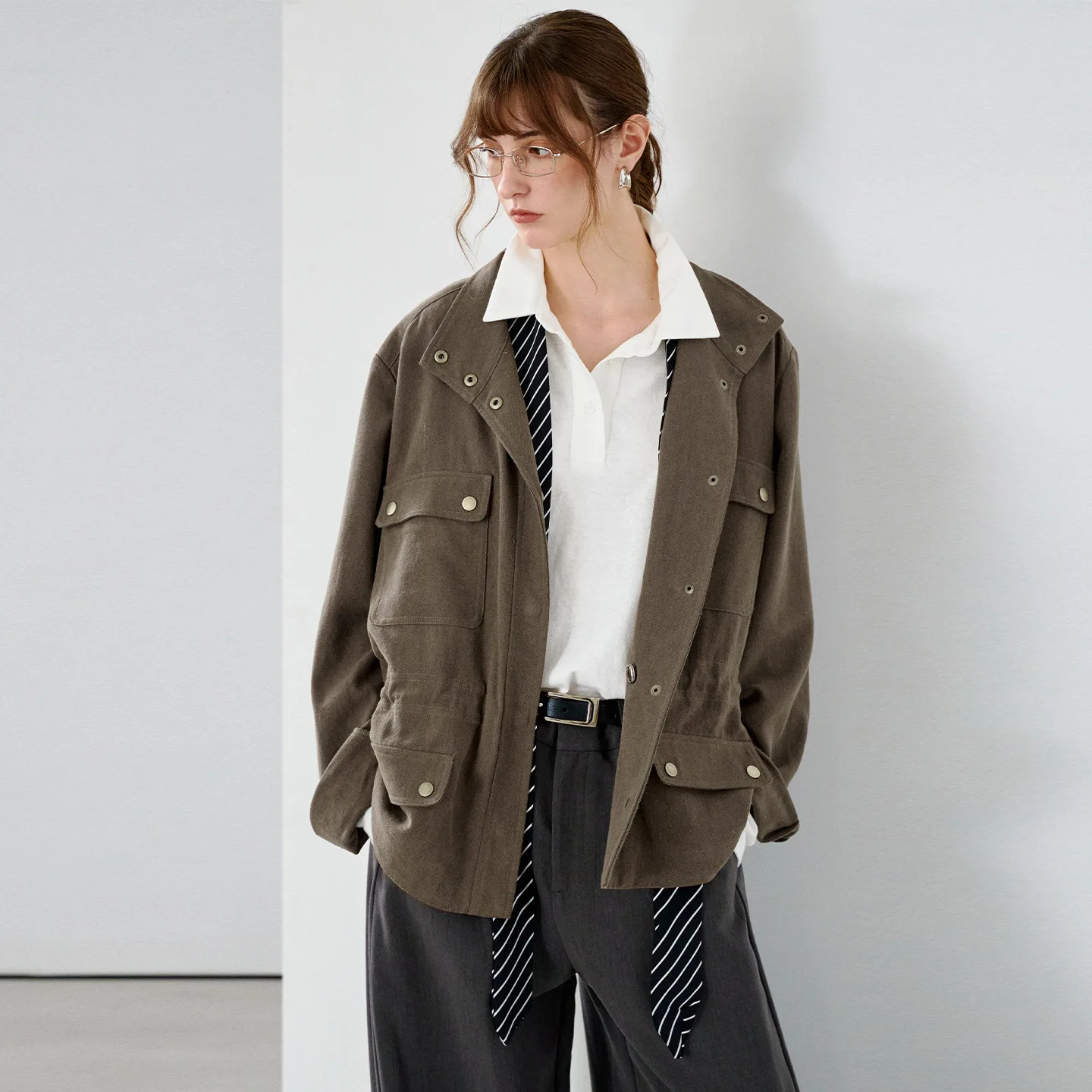 Old Money Wind Cotton And Linen Tooling Single-breasted Snap Jacket Jacket Small Stand-up Collar Linen Long-sleeved Baseball