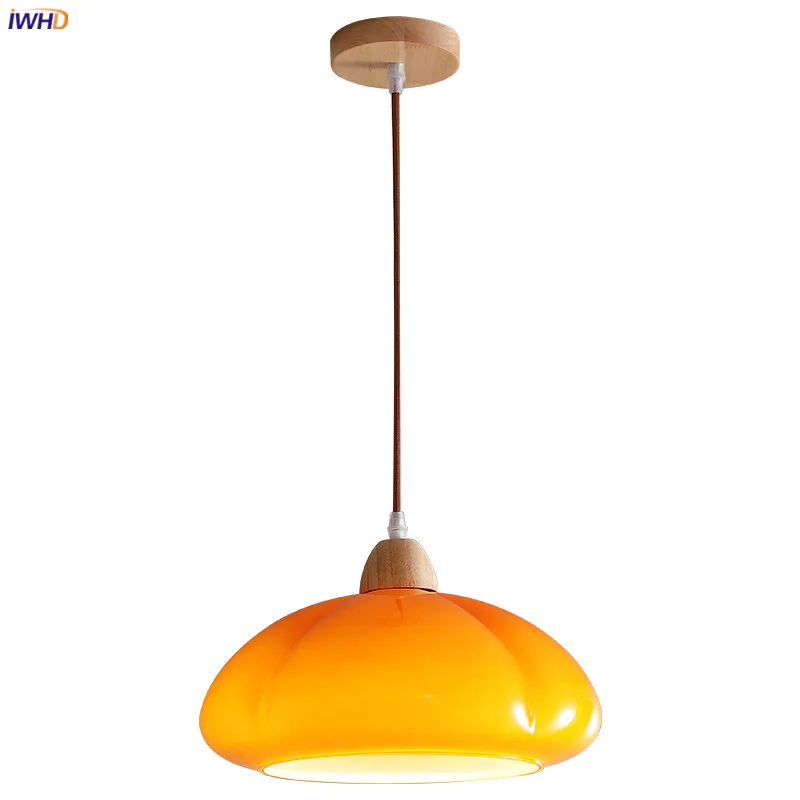 IWHD Big Pumpkin Glass LED Pendant Light Fixtures 30W Bulb Bedroom Dinning Living Room Japanese Style Vintage Wood Hanging Lamp