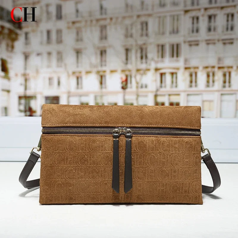 CH Womens Suede Shoulder Bag Embossed Crossbody Clutch Luxury Designer Handbag Double Zipper Casual Purse