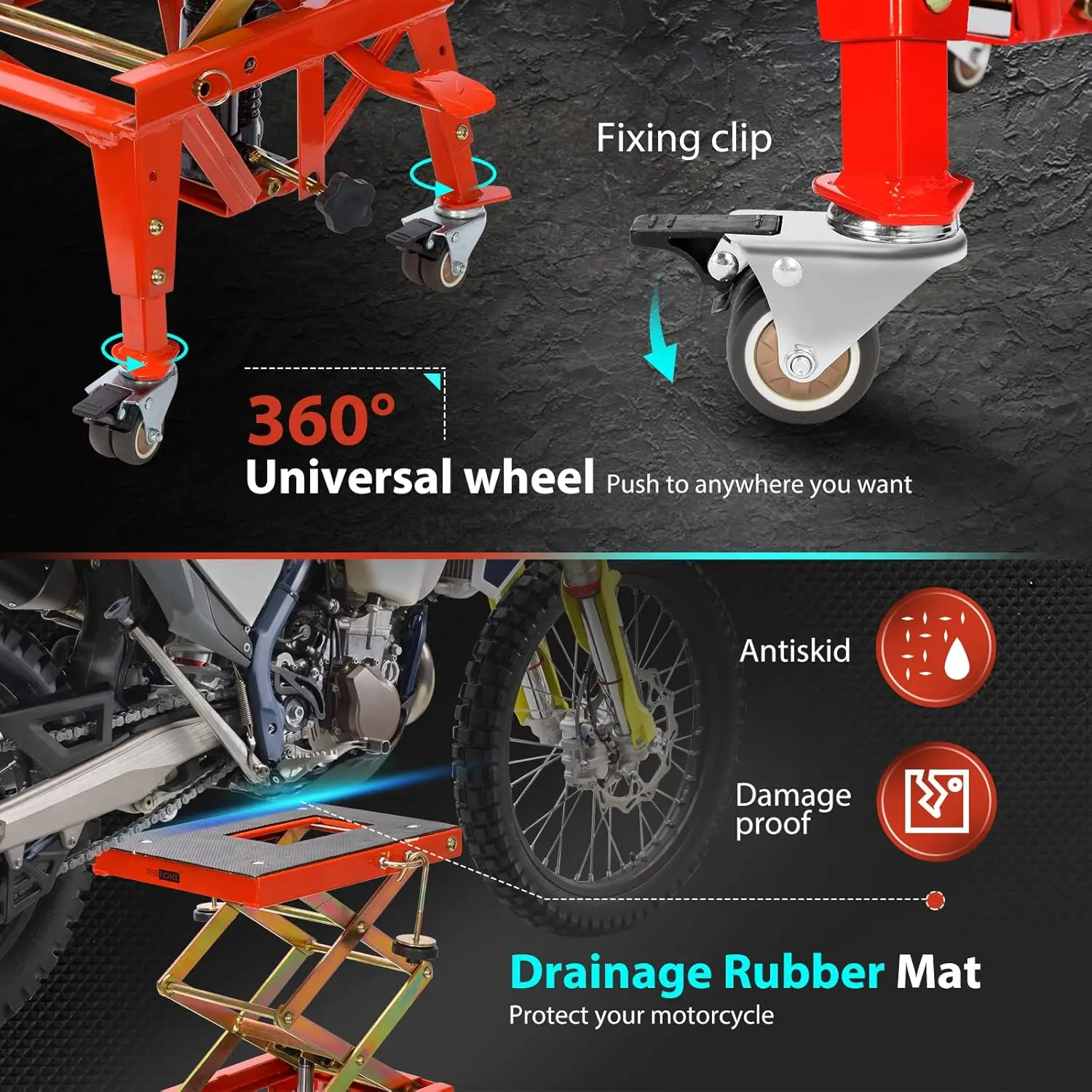 ヘビーデューティー 350ポンド 油圧式バイクリフトジャッキ（ホイールと安全ロック付き、レッド）