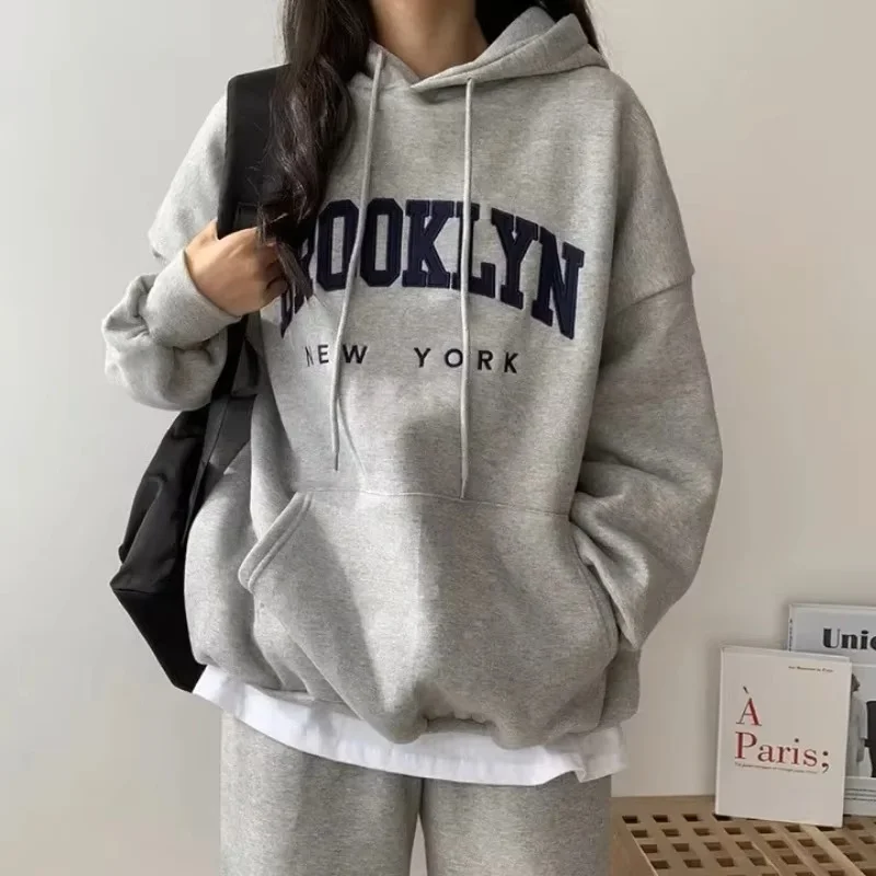 American Style Printed Letter Hooded Sweatshirt Women's Loose Fit Thickened Fleece Lined Cross-border Clothing