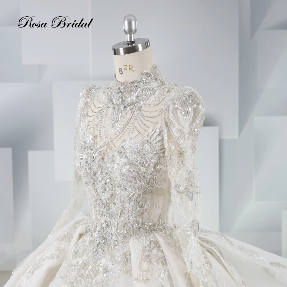 2024 New Luxury Long-Sleeved Detachable Collar Beaded Wedding Ball Gown