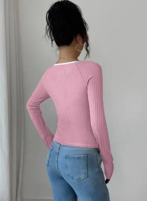 

Top Women 2025 Spring New Solid Color Casual and Minimalist Style Long Sleeved V-Neck Slim Fit Versatile Daily T-Shirt Top