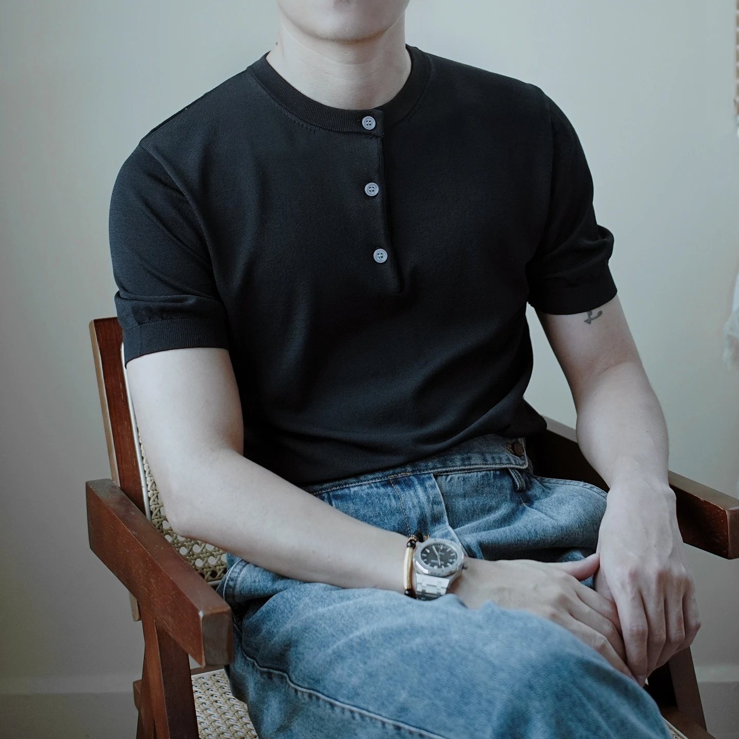 

American ice silk high-density elastic retro knitted short-sleeved T-shirt