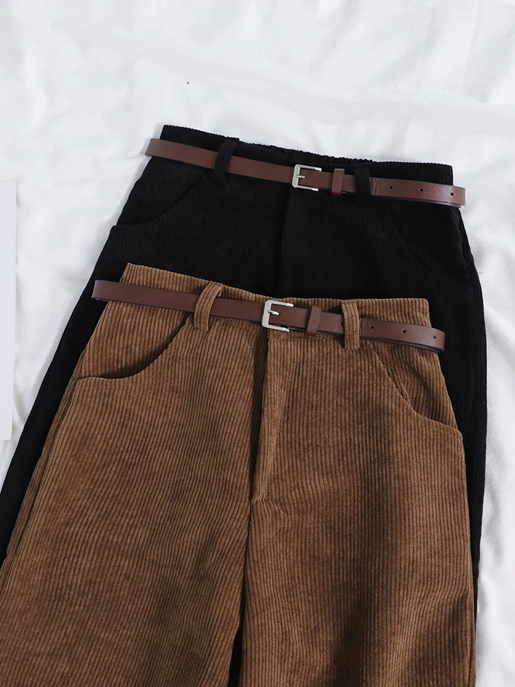 JMPRS Women Spring Corduroy Pants High Waist Autumn Vintage Korean Casual Wide Leg Pants Elegant Belt Loose Cotton Streetwear