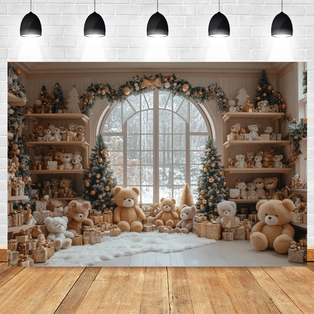 الأوروبي عيد الميلاد الدب الصغير الخلفيات للتصوير الفوتوغرافي نافذة مقوسة ثلجية شجرة عيد الميلاد هدية الأسرة ديكور حفلات صور الخلفيات