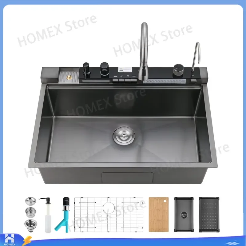 304 Stainless Steel Kitchen Sink Counter Mount Multifunctional Workstation with Full Accessories Large Single Bowl Farmhouse