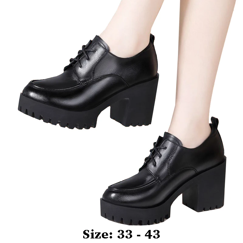 

high quality leather shoe for women 8cm high heel platform round toe 33 34 43 elegant fashion 2024 autumn winter shoe black