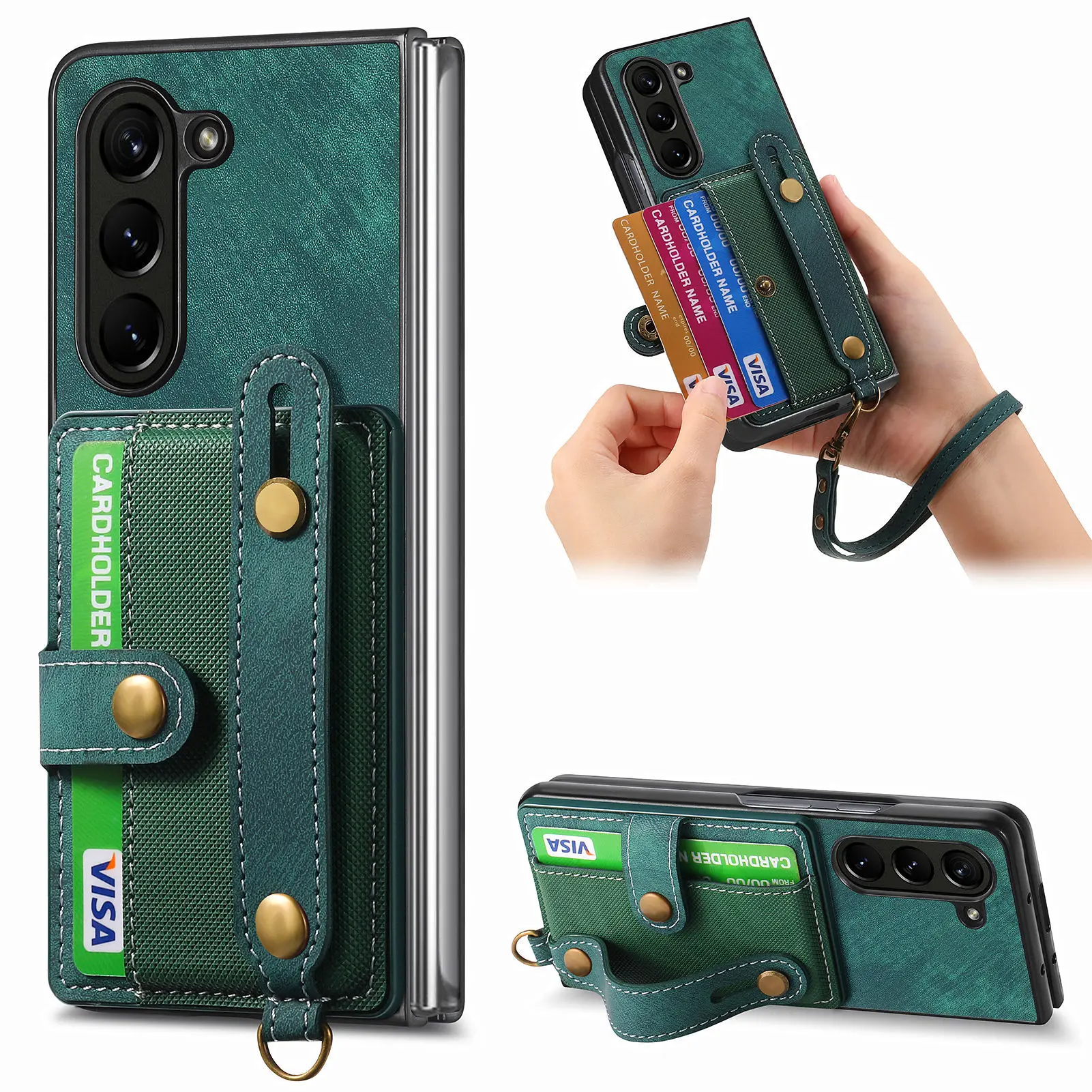 Case for Samsung Galaxy Z Fold 6 Leather Wristrap Wallet Cover Slim Stand Credit Card Holder Slot Shockproof Protective Case