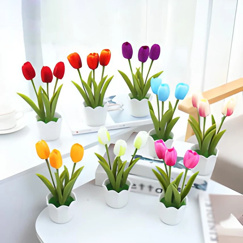 

Artificial Tulips Flower Bonsai With Pot Colorful Tulip Artificial Flower Home Decoration Ornaments for Wedding Fake Flowers